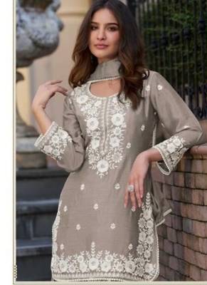 Light brown chinon silk lucknowi work full stitched gharara suits with dupatta 2