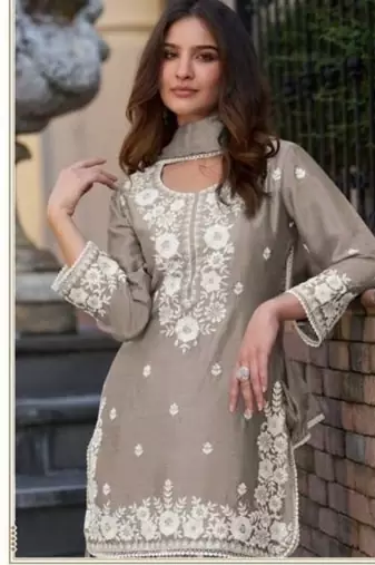 Light brown chinon silk lucknowi work full stitched gharara suits with dupatta
