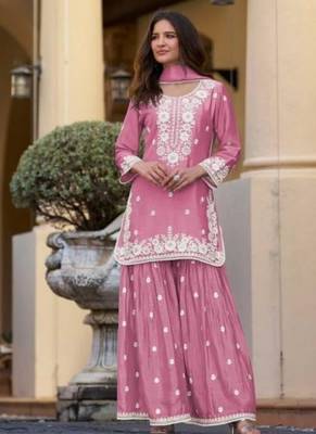 Rose pink chinon silk lucknowi work full stitched gharara suits with dupatta 1