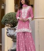 Rose pink chinon silk lucknowi work full stitched gharara suits with dupatta