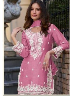 Rose pink chinon silk lucknowi work full stitched gharara suits with dupatta 2
