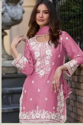 Rose pink chinon silk lucknowi work full stitched gharara suits with dupatta