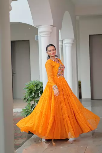 Sunshine yellow bandhani print faux georgette anarkali gown with kutchi patchwork     ready-to-wear garba dress