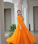 Sunshine yellow bandhani print faux georgette anarkali gown with kutchi patchwork     ready-to-wear garba dress