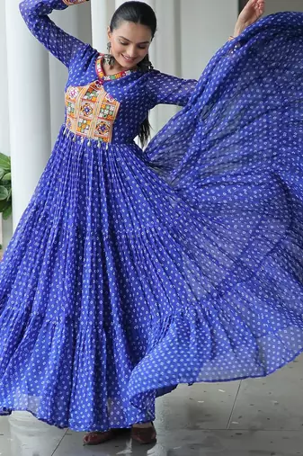 Royal blue bandhani print faux georgette anarkali gown with kutchi patchwork     fully stitched navratri wear