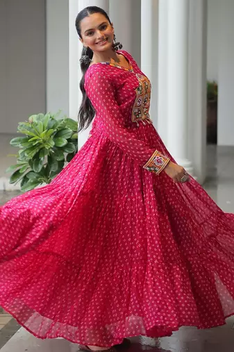 Magenta pink bandhani print faux georgette anarkali gown with kutchi patchwork     fully stitched navratri look