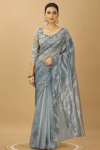 grey Twill net saree with sequin Blouse