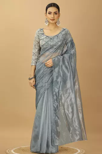 grey Twill net saree with sequin Blouse