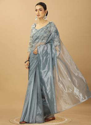 grey Twill net saree with sequin Blouse 2