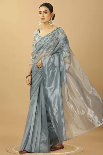 grey Twill net saree with sequin Blouse