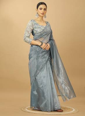 grey Twill net saree with sequin Blouse 3