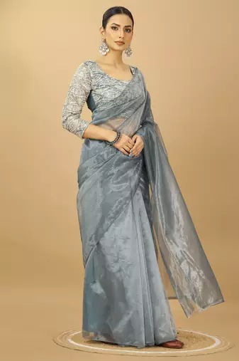 grey Twill net saree with sequin Blouse