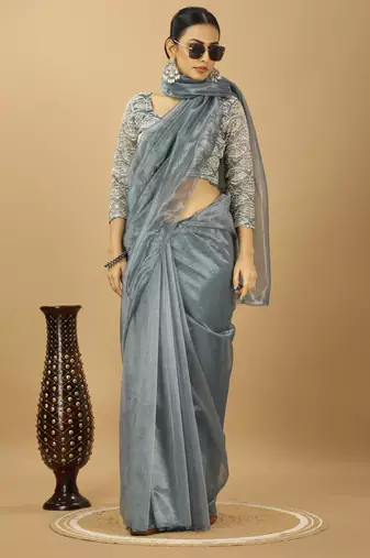 grey Twill net saree with sequin Blouse