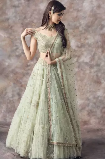 PIsta Green Soft Net Embroidery Work Lehenga Choli Set 