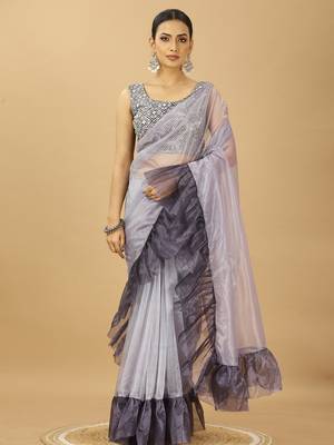 purple Ruffle Style Twill Net Saree with Thread Embroidered Blouse 1