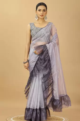 purple Ruffle Style Twill Net Saree with Thread Embroidered Blouse