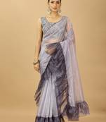 purple Ruffle Style Twill Net Saree with Thread Embroidered Blouse
