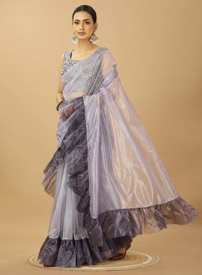 purple Ruffle Style Twill Net Saree with Thread Embroidered Blouse 2