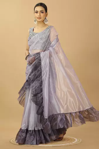 purple Ruffle Style Twill Net Saree with Thread Embroidered Blouse