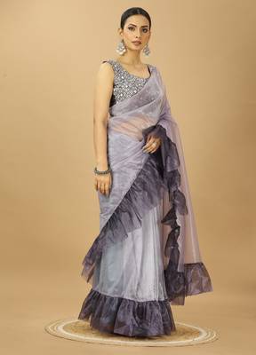 purple Ruffle Style Twill Net Saree with Thread Embroidered Blouse 3