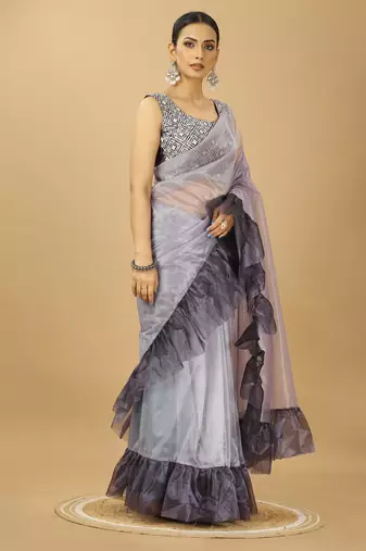 purple Ruffle Style Twill Net Saree with Thread Embroidered Blouse