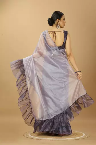 purple Ruffle Style Twill Net Saree with Thread Embroidered Blouse