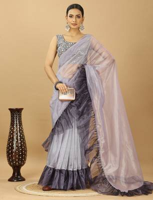 purple Ruffle Style Twill Net Saree with Thread Embroidered Blouse 5