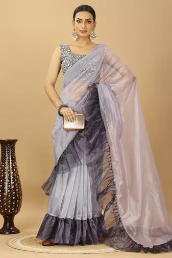 purple Ruffle Style Twill Net Saree with Thread Embroidered Blouse