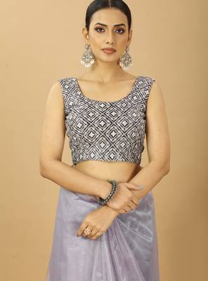 purple Ruffle Style Twill Net Saree with Thread Embroidered Blouse 6