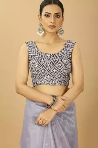 purple Ruffle Style Twill Net Saree with Thread Embroidered Blouse