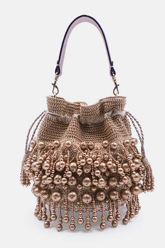 Embellished golden potli bag with drawstring