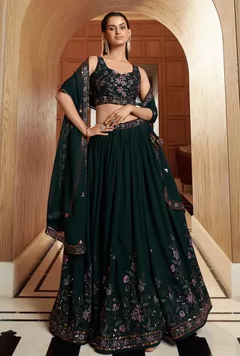 dark Green Georgette Zari sequin Embroidery Work Lehenga Choli 