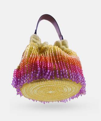 Handcrafted yellow ombre potli bag with crystal fringes and drawstring closer 1