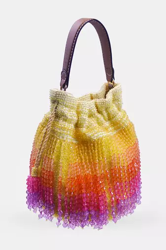 Handcrafted yellow ombre potli bag with crystal fringes and drawstring closer