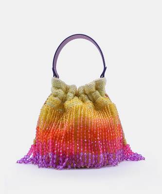 Handcrafted yellow ombre potli bag with crystal fringes and drawstring closer 3