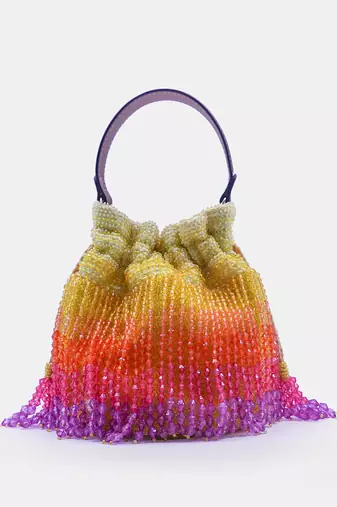 Handcrafted yellow ombre potli bag with crystal fringes and drawstring closer