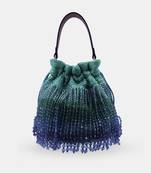 Emerald green potli bag embellished with crystal fringes and a drawstring