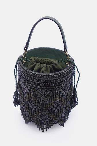 Handcrafted olive green potli bag adorned with intricate bead embellished
