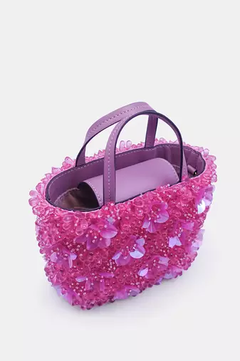 Pink orchid bucket bag with 3d flower crystal bead embellished