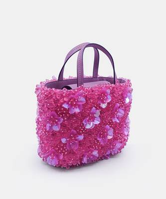 Pink orchid bucket bag with 3d flower crystal bead embellished 3