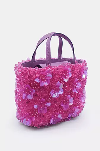 Pink orchid bucket bag with 3d flower crystal bead embellished