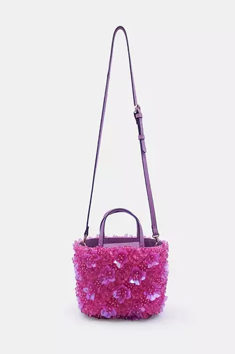 Pink orchid bucket bag with 3d flower crystal bead embellished