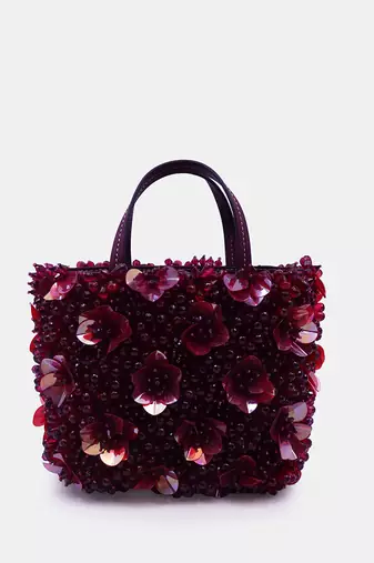 Burgundy orchid bucket bag flower crystal bead embellished