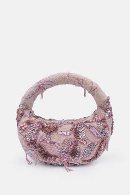 Beige and gold embellished beaded baguette bag with zip closer 1