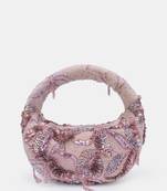 Beige and gold embellished beaded baguette bag with zip closer