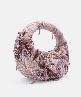 Beige and gold embellished beaded baguette bag with zip closer 2