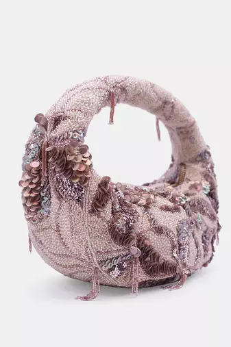 Beige and gold embellished beaded baguette bag with zip closer