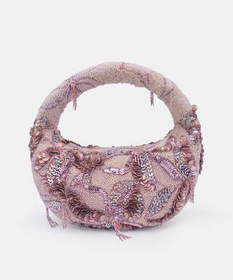 Beige and gold embellished beaded baguette bag with zip closer 4