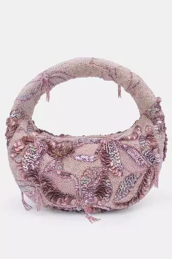 Beige and gold embellished beaded baguette bag with zip closer