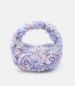 Embroidered white and blue floral sequins embellished clutch bag
